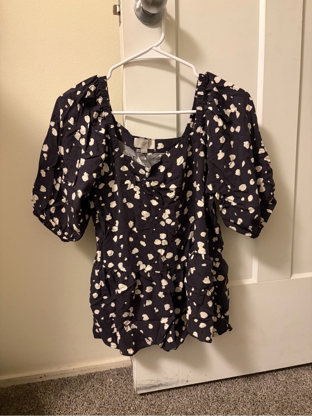 LOFT Black Puff-Sleeve Peplum Top with White Spot Print